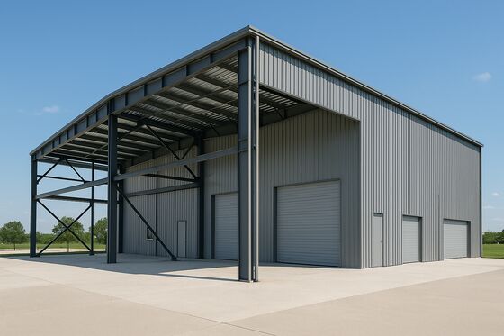 Nhà kho cấu trúc thép mái dốc đơn với màu bề mặt bạc và mái phẳng cung cấp kho công nghiệp đa năng